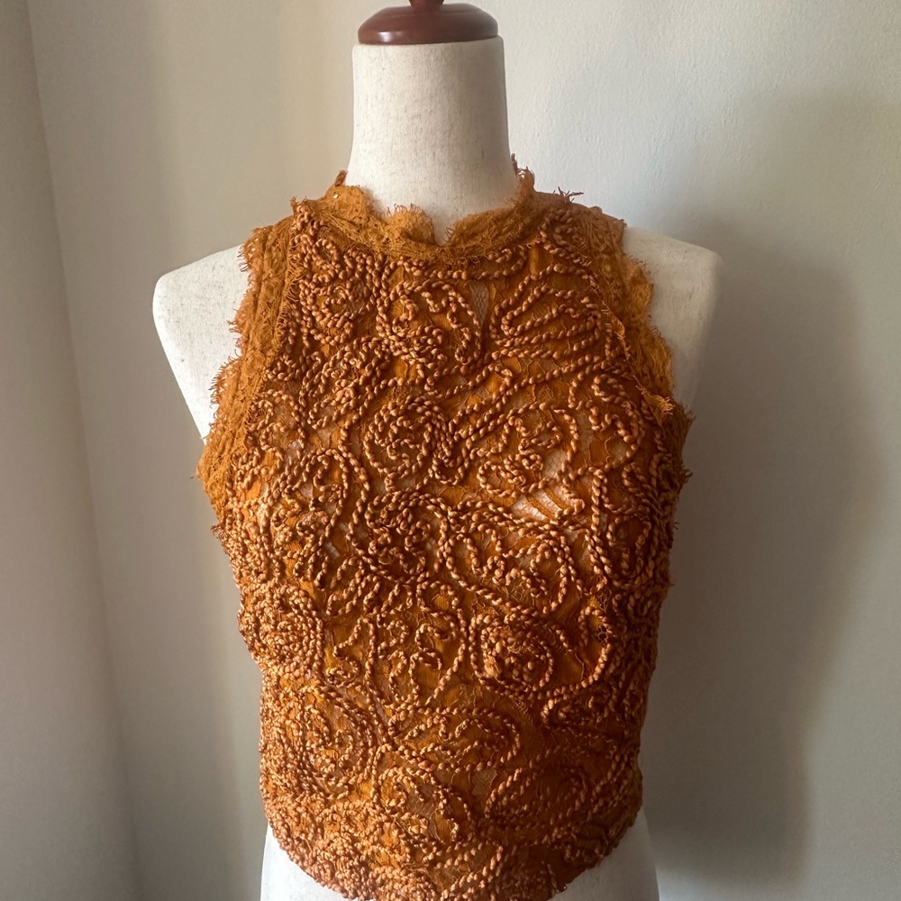 ZARA TRAFALUC ORANGE EMBROIDERED LACE SLEEVELESS TOP SMALL FALL